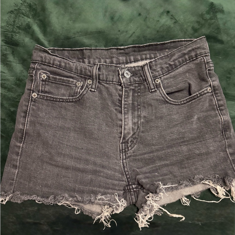 Black Levi Jean Shorts with Frayed Hem and Vintage Look